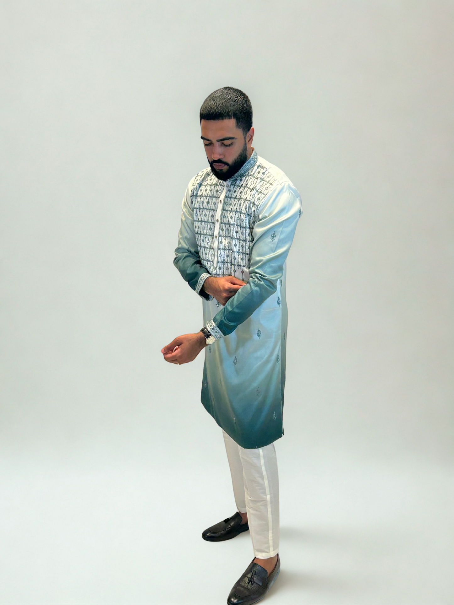 Ivory & Teal Ombre Embroidered Kurta Set