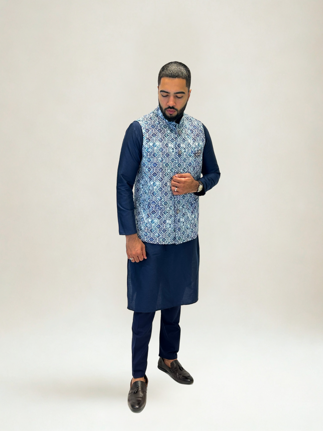 Blue Printed Nehru Jacket