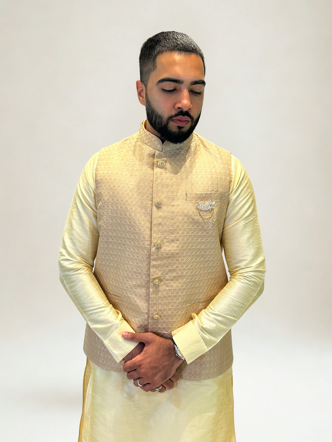 Peachy Gold Self Patterned Nehru Jacket