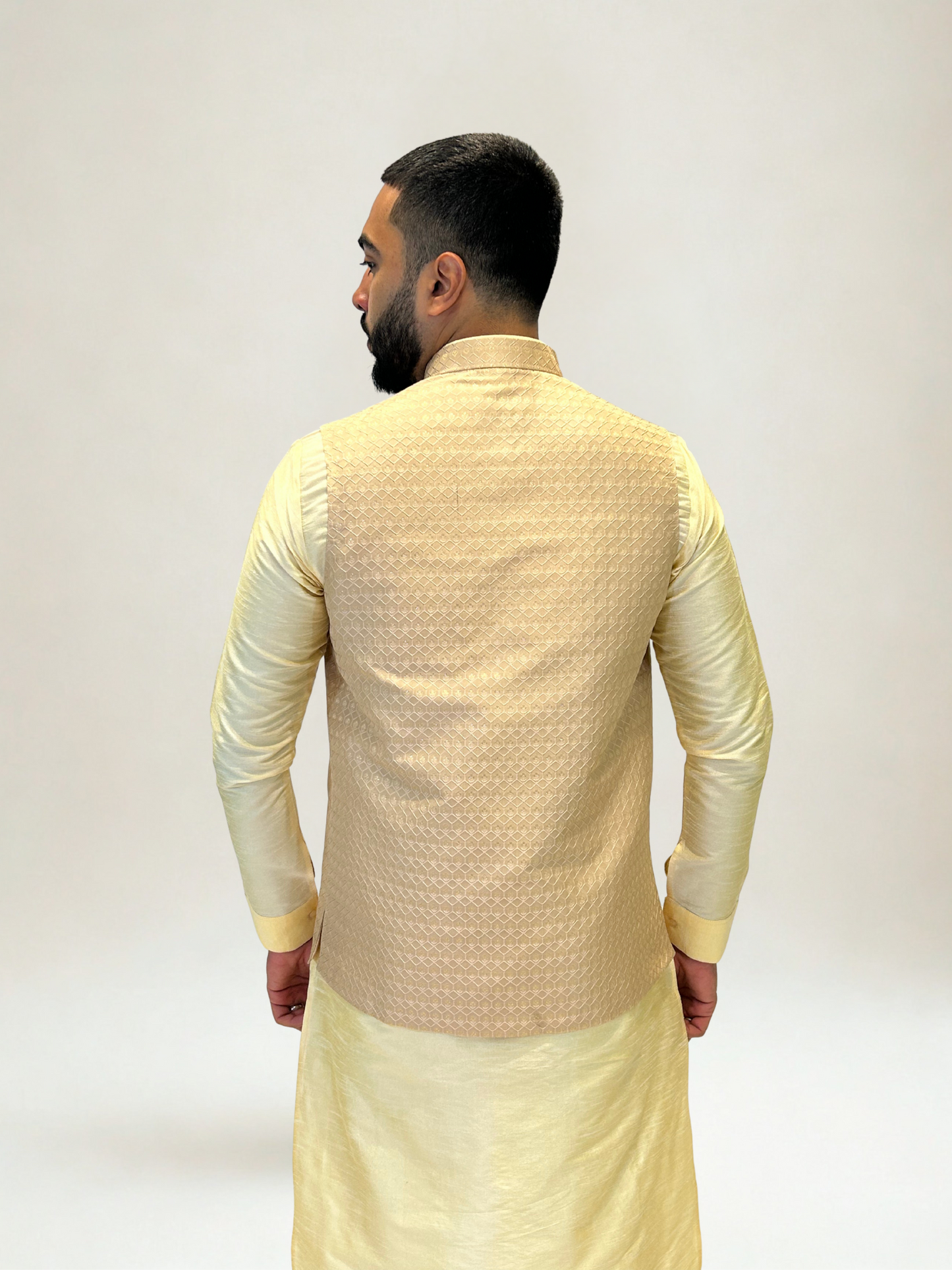 Peachy Gold Self Patterned Nehru Jacket