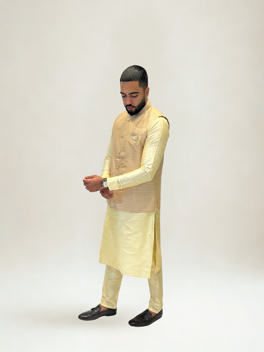 Peachy Gold Self Patterned Nehru Jacket