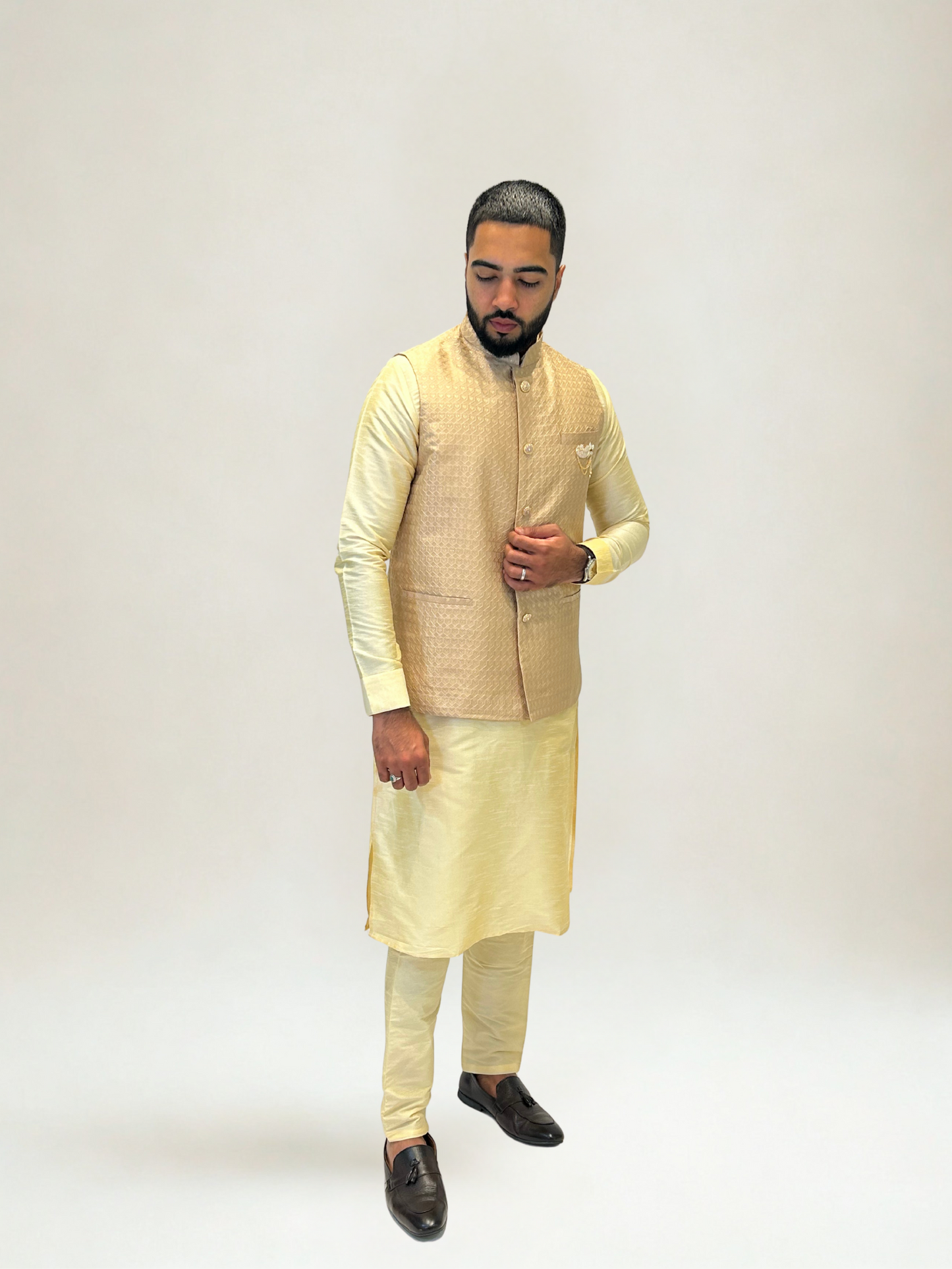 Peachy Gold Self Patterned Nehru Jacket