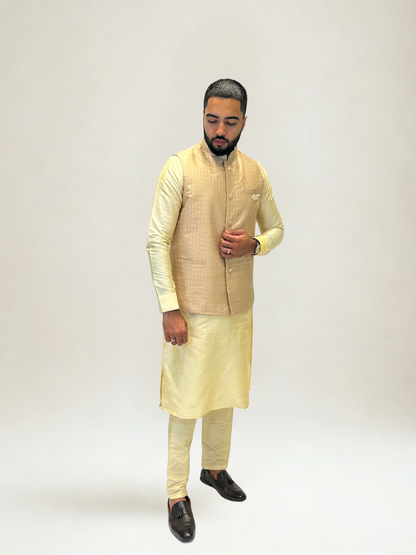 Peachy Gold Self Patterned Nehru Jacket
