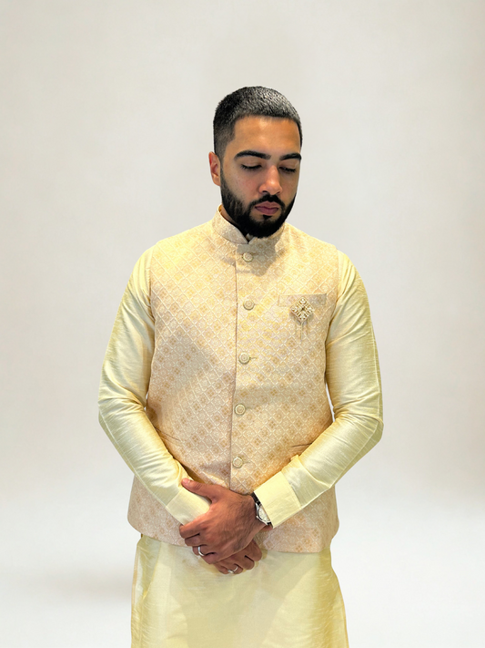 Peach Gold Self-Patterned Nehru Jacket