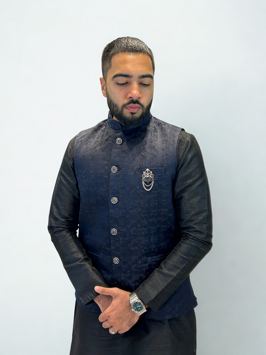 Black & Navy Textured Nehru Jacket