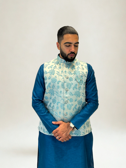 Light Grey and Sky Blue Floral Nehru Jacket