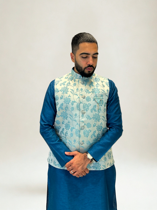 Light Grey and Sky Blue Floral Nehru Jacket