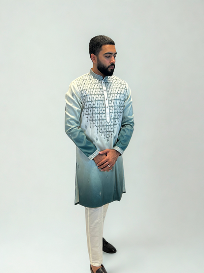 Ivory & Teal Ombre Embroidered Kurta Set