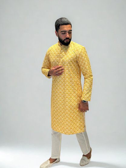 Yellow & Mustard Printed Embroidered Kurta Set