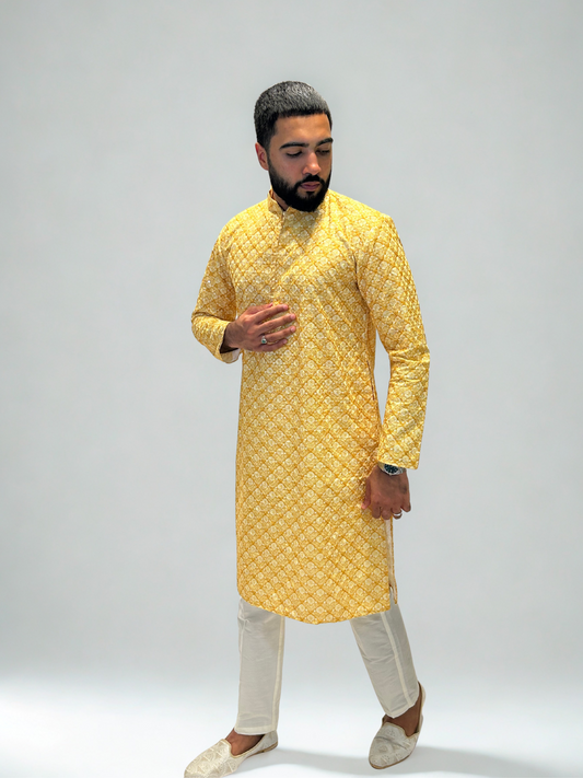 Yellow & Mustard Printed Embroidered Kurta Set