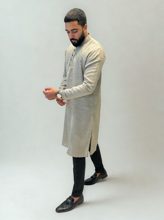 Grey Self Patterned Cotton Kurta Pajama Set