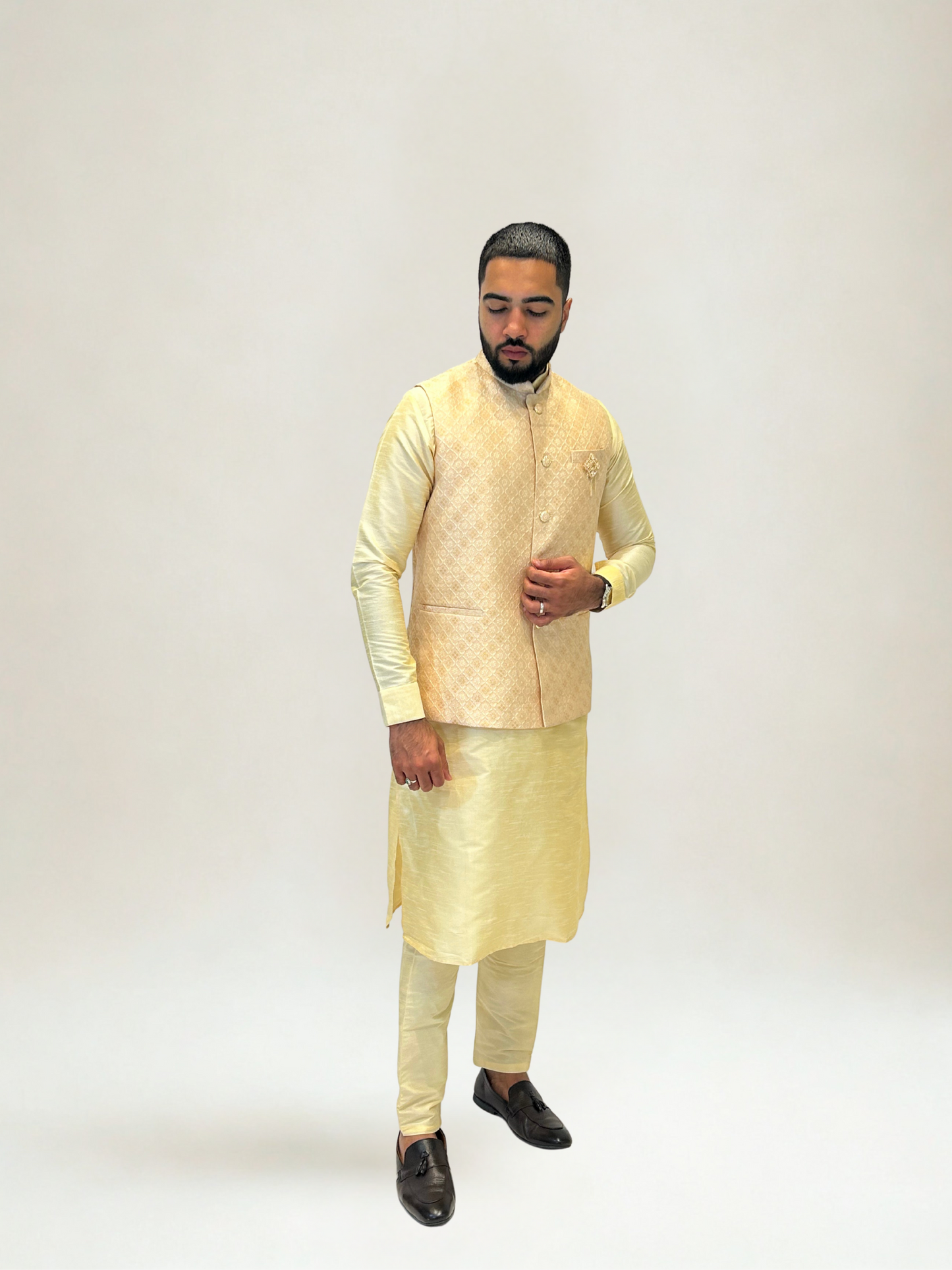 Peach Gold Self-Patterned Nehru Jacket
