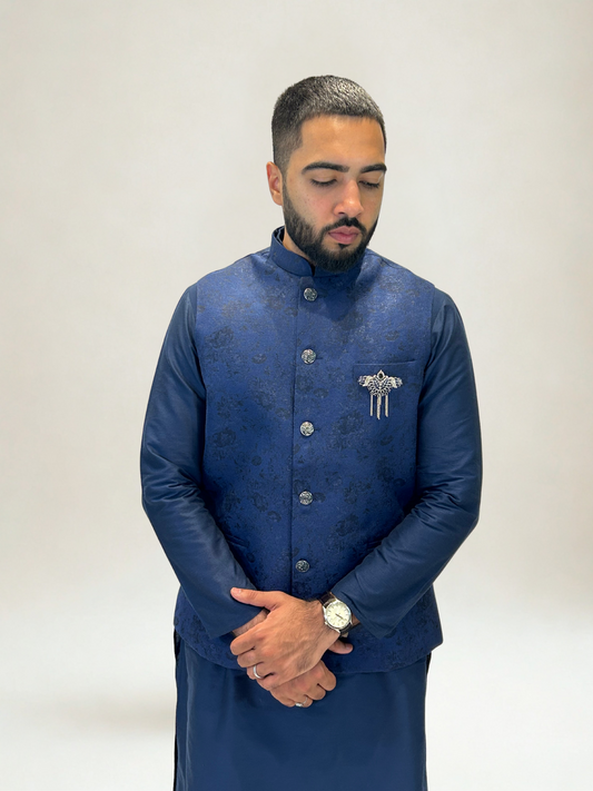 Navy Blue Textured Nehru Jacket
