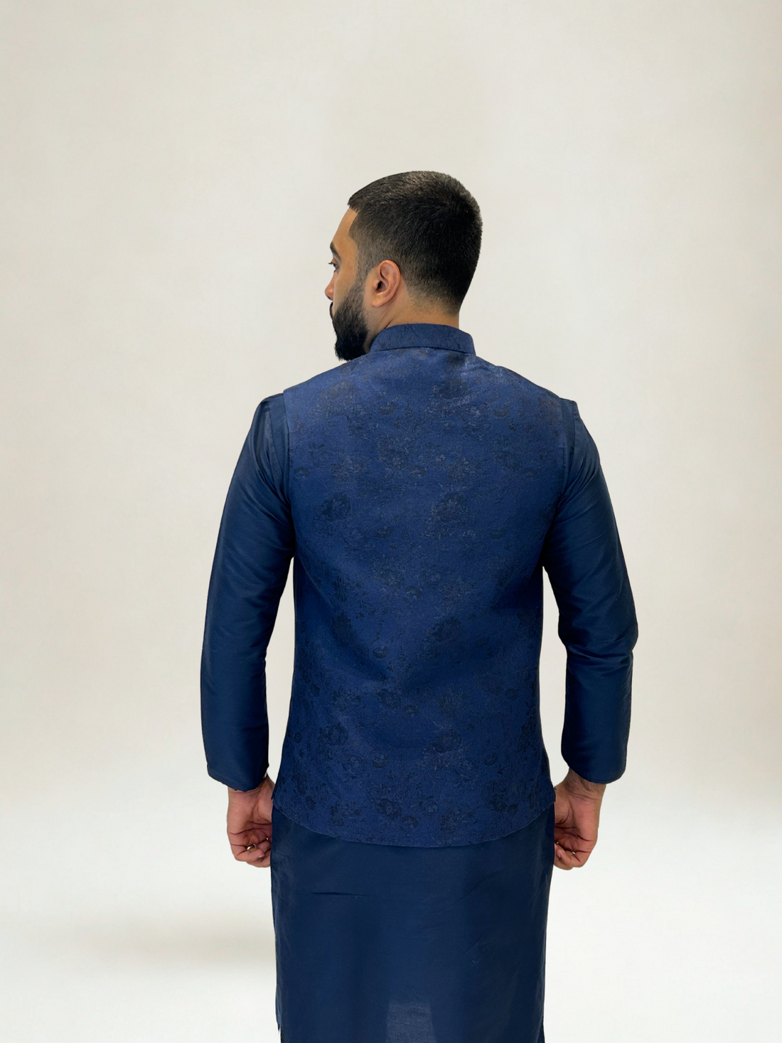 Navy Blue Textured Nehru Jacket