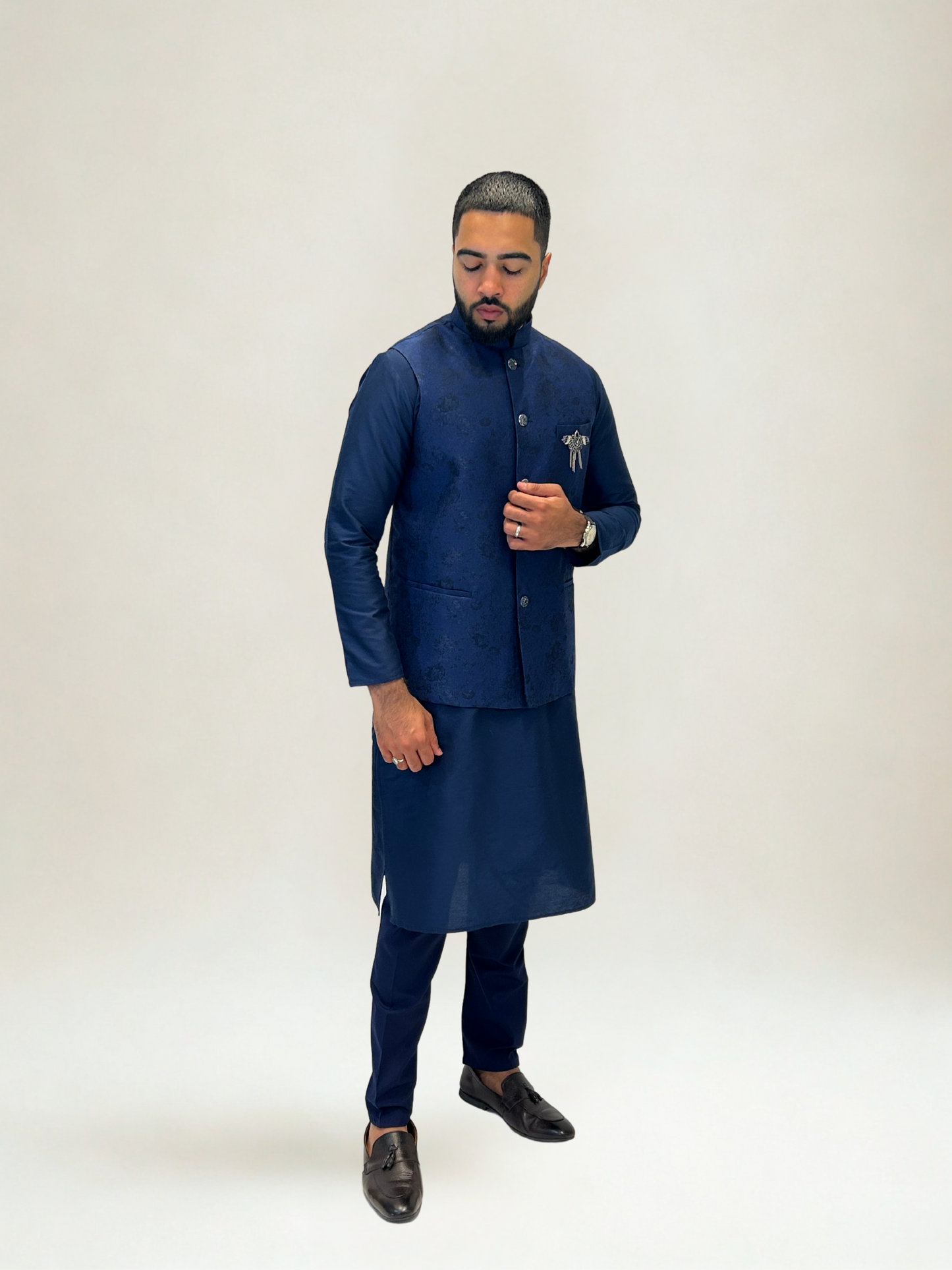 Navy Blue Textured Nehru Jacket