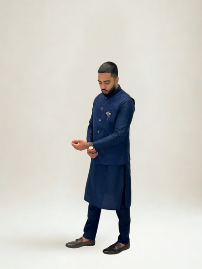Navy Blue Textured Nehru Jacket