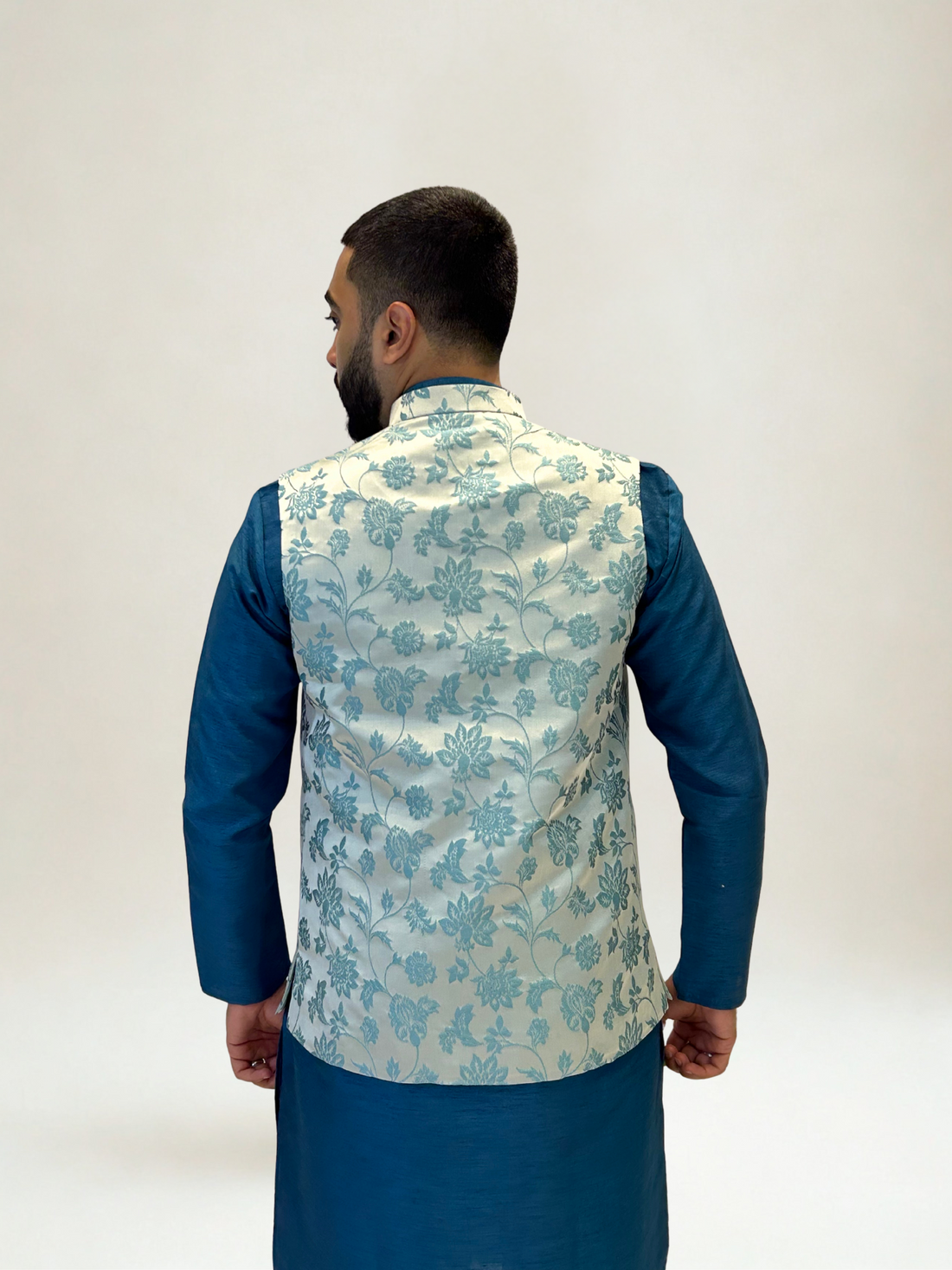 Light Grey and Sky Blue Floral Nehru Jacket