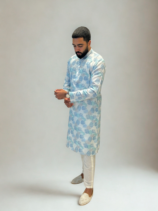 Sky Blue Pastel Printed Linen Kurta Set