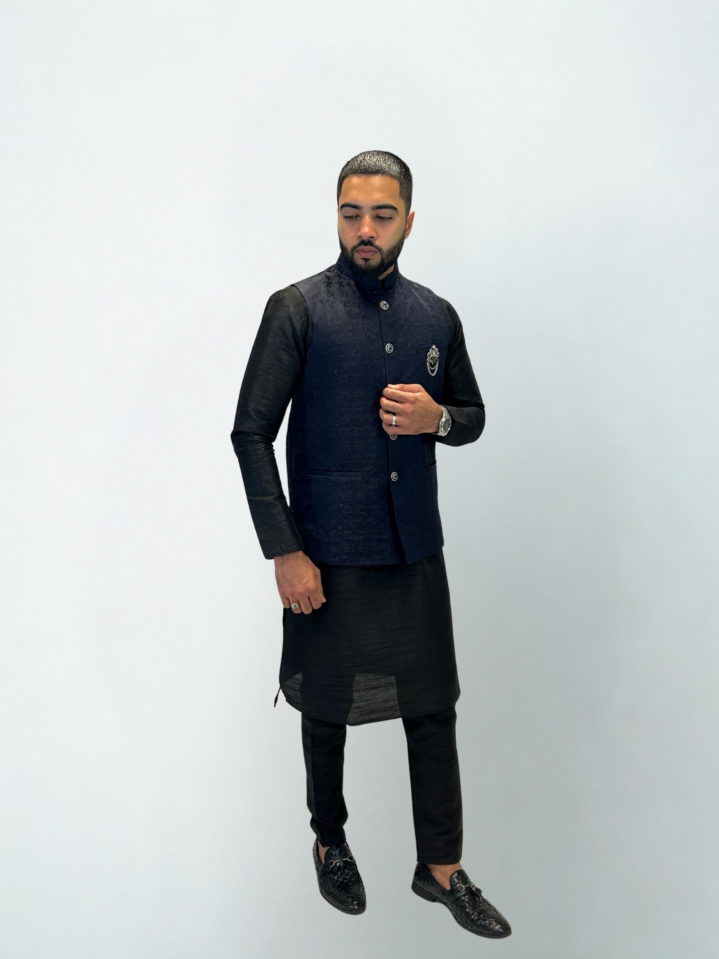 Black & Navy Textured Nehru Jacket