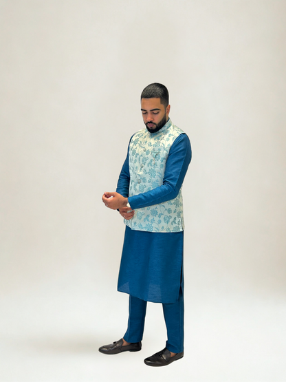 Light Grey and Sky Blue Floral Nehru Jacket
