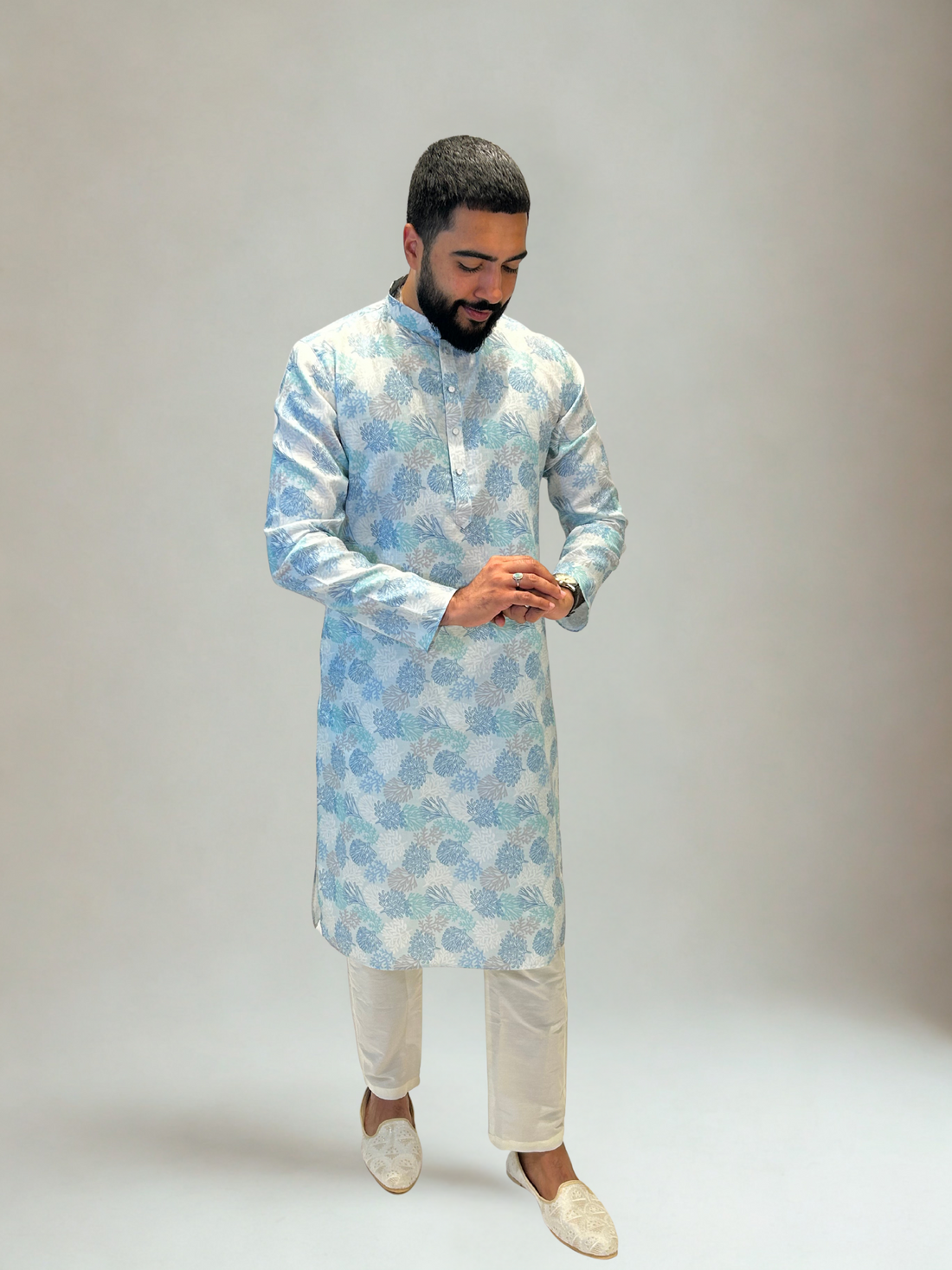 Sky Blue Pastel Printed Linen Kurta Set