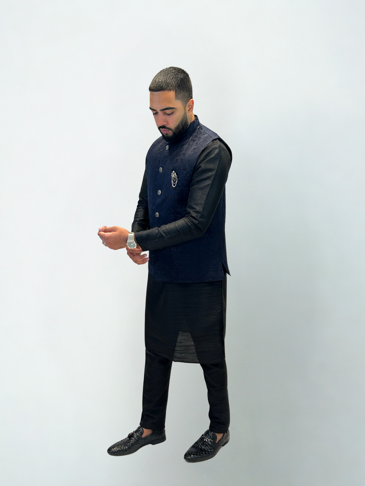 Black & Navy Textured Nehru Jacket