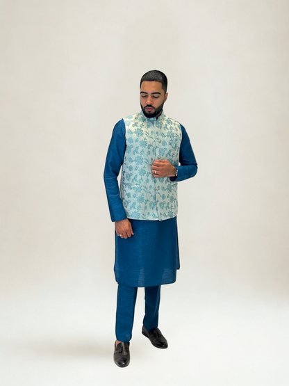 Light Grey and Sky Blue Floral Nehru Jacket