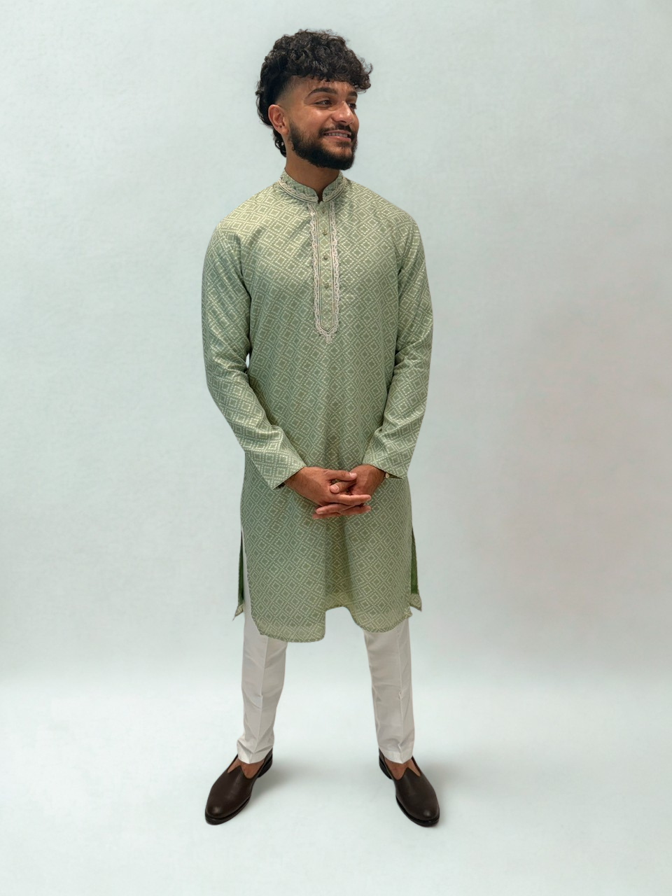 Green/White Diamond Patten Kurta Set